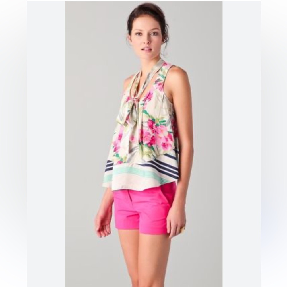 Elizabeth and James 100% Silk Floral Stripe Tie Neck Blouse Tank M